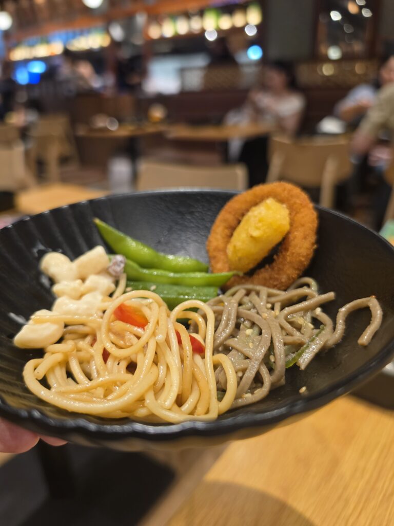 soba, spaghetti, onion ring from salad bar